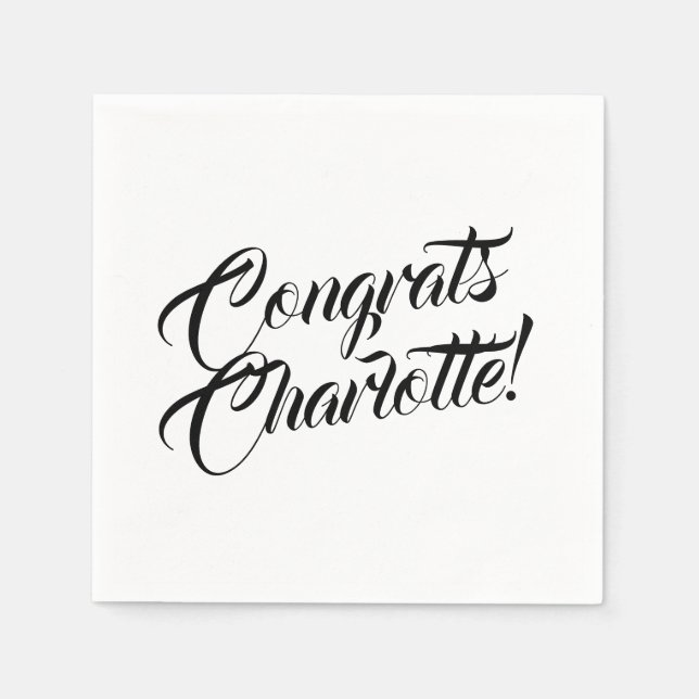 Congrats black & white custom script name elegant napkin (Front)