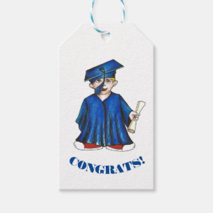 CONGRATS! Blue Graduation Boy Cap Gown Diploma Gift Tags