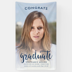 Congrats Blue Script Photo Graduation Banner