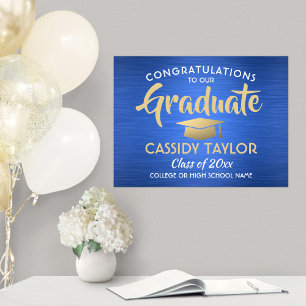 Congrats Brushed Blue Gold and White Graduation Poster