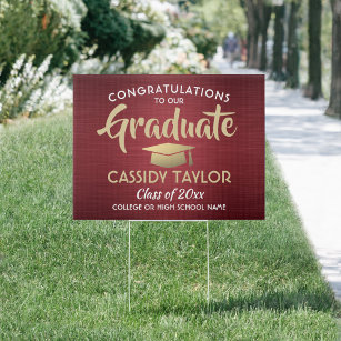 Congrats Brushed Burgundy Red Gold Graduation Yard Garden Sign