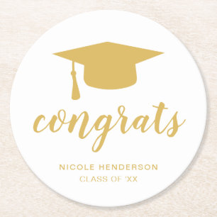 Congrats Elegant Gold and White Graduation Cap Round Paper Coaster