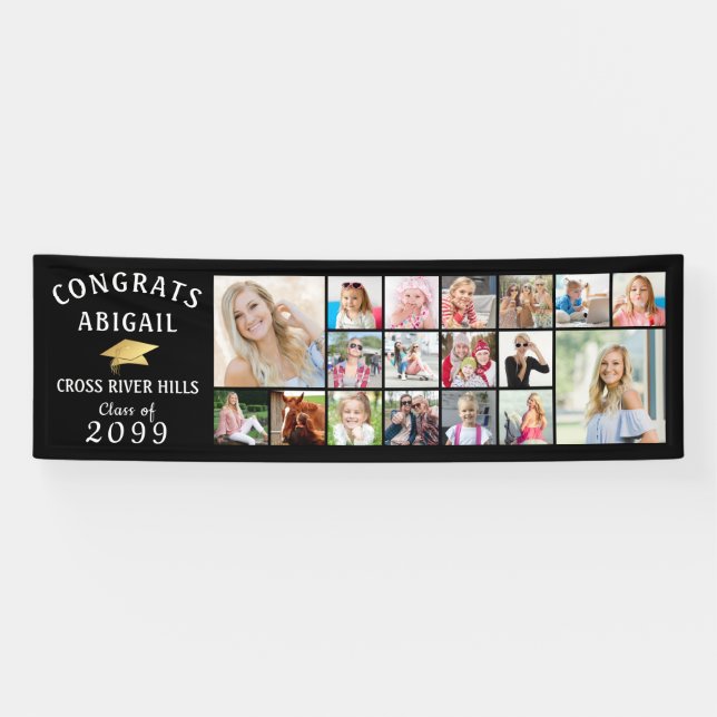 CONGRATS GRAD 18 Photo Collage Gold Cap Banner (Horizontal)