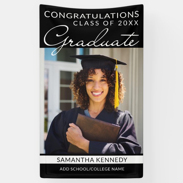 Congrats Grad 1 Photo Black Vertical Graduation Banner (Vertical)