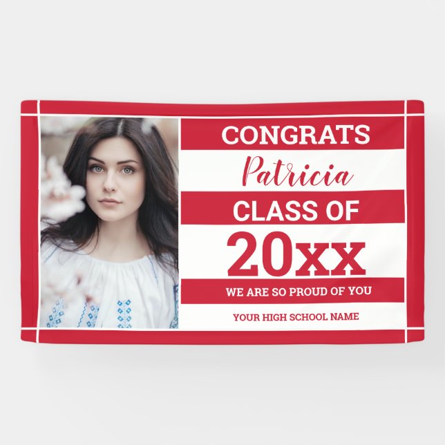 Congrats Grad 2020 Photo Graduation Red White Banner (Horizontal)