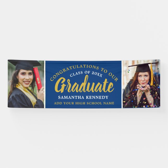 Congrats Grad 2 Photo Blue And Gold Graduation Banner (Horizontal)