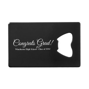 Congrats grad black custom script text class year credit card bottle opener