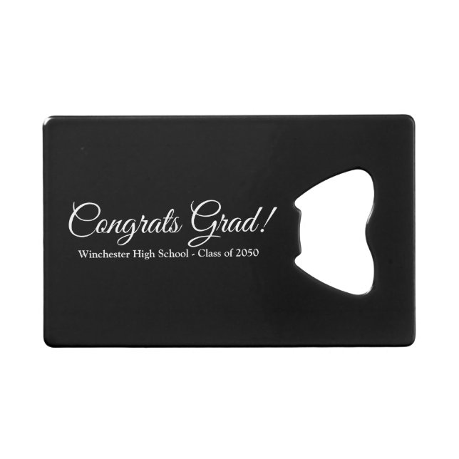Congrats grad black custom script text class year credit card bottle opener (Front (Horizontal))