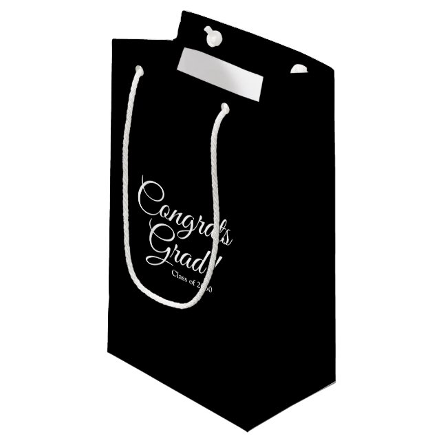 Congrats grad black elegant script class year small gift bag (Front Angled)