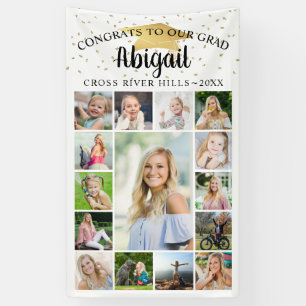 Congrats Grad Black Gold 15 Photo Collage Script Banner