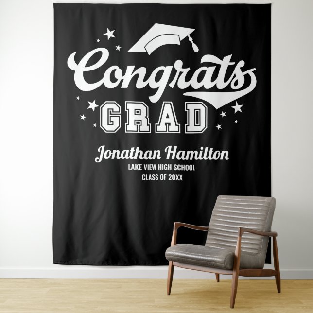 Congrats Grad Black Graduation Party Backdrop Tapestry (In Situ)