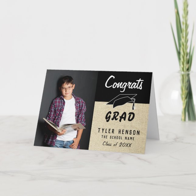 Congrats Grad Black Rustic Photo Graduation Card (Front)