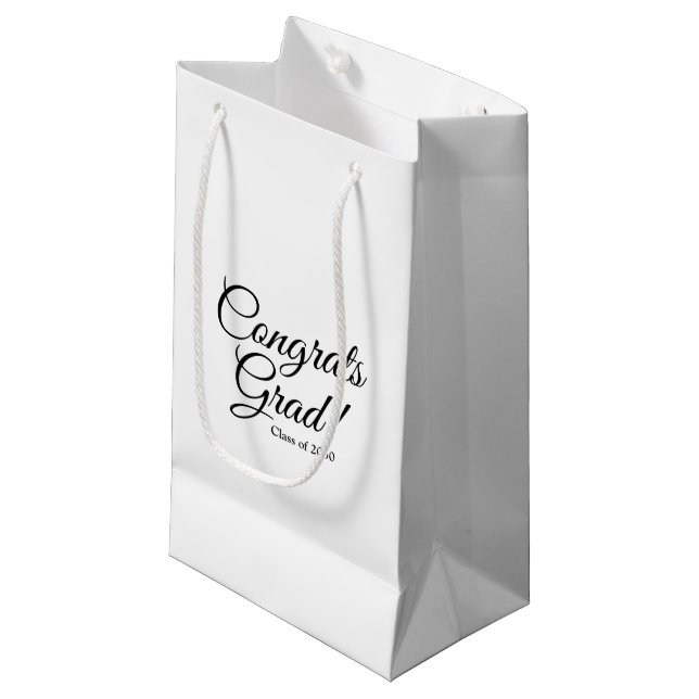 Congrats grad black white custom script class year small gift bag (Front Angled)