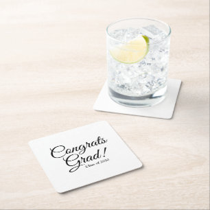 Congrats grad black white custom script class year square paper coaster