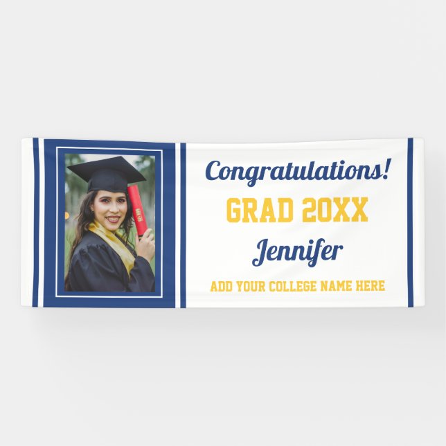 Congrats Grad  Blue Gold White Photo Graduation Banner (Horizontal)