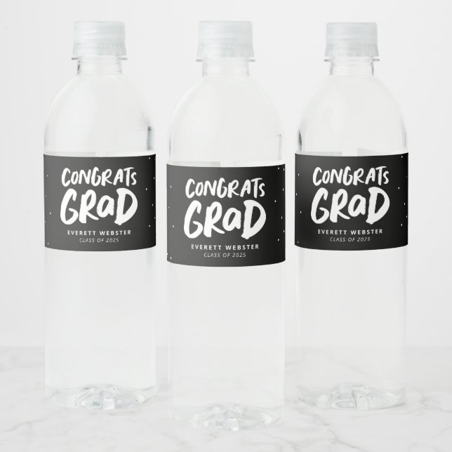 Congrats grad bold black white graduation party water bottle label (Bottles)