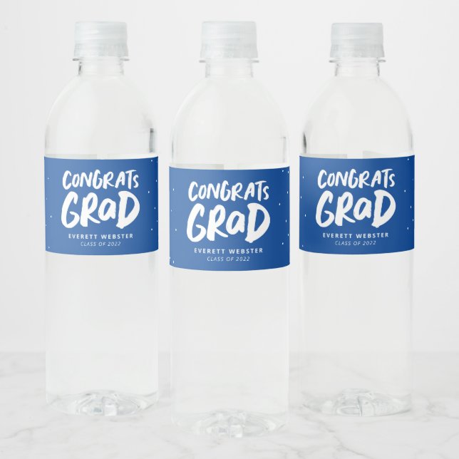 Congrats grad bold blue personalized graduation water bottle label (Bottles)