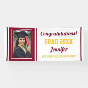 Congrats Grad Burgundy Gold White Photo Graduation Banner