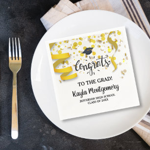 Congrats Grad Cap Gold Confetti Streamers Custom Napkin