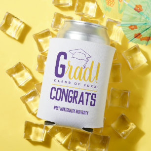 Congrats Grad Cap Purple Yellow Can Cooler