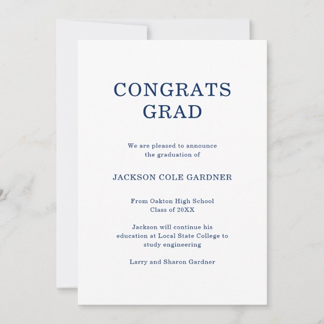 Congrats Grad Classic Navy Blue Graduation Announcement (Front)