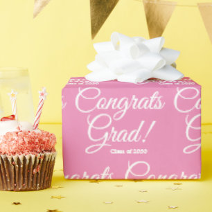Congrats grad custom class year script girly pink wrapping paper