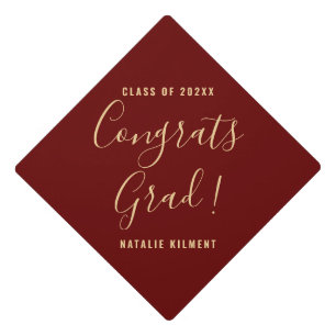 Congrats Grad Dark Red and Gold Name Graduation Cap Topper