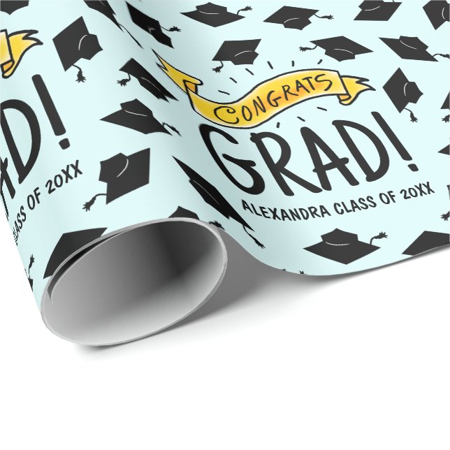 Congrats Grad Gold Banner Celebration Pattern Wrapping Paper (Roll Corner)