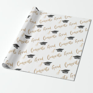 Congrats Grad Gold Foil Graduation Cap and Tassel Wrapping Paper