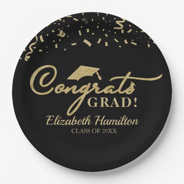 Congrats Grad Gold Script Graduation Party Paper Plate (Front)