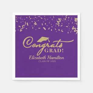 Congrats Grad Gold Script Graduation Purple Napkin