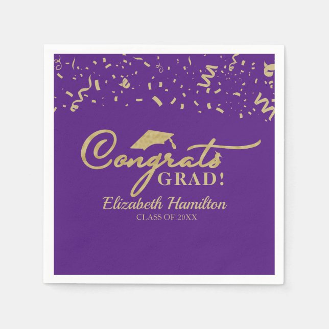 Congrats Grad Gold Script Graduation Purple Napkin (Front)