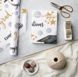 Congrats Grad Gold Stars Grey Polka Dot Modern Wrapping Paper