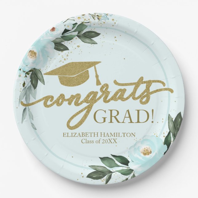 Congrats Grad Gold Teal Floral Graduation Party Paper Plate (Front)