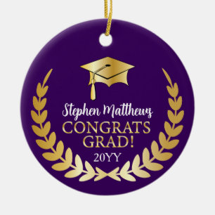 Congrats Grad Laurel Wreath Year Name Dk Purple Ceramic Ornament