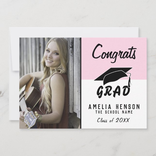 Congrats Grad Modern Pink Photo Graduation Card (Front)