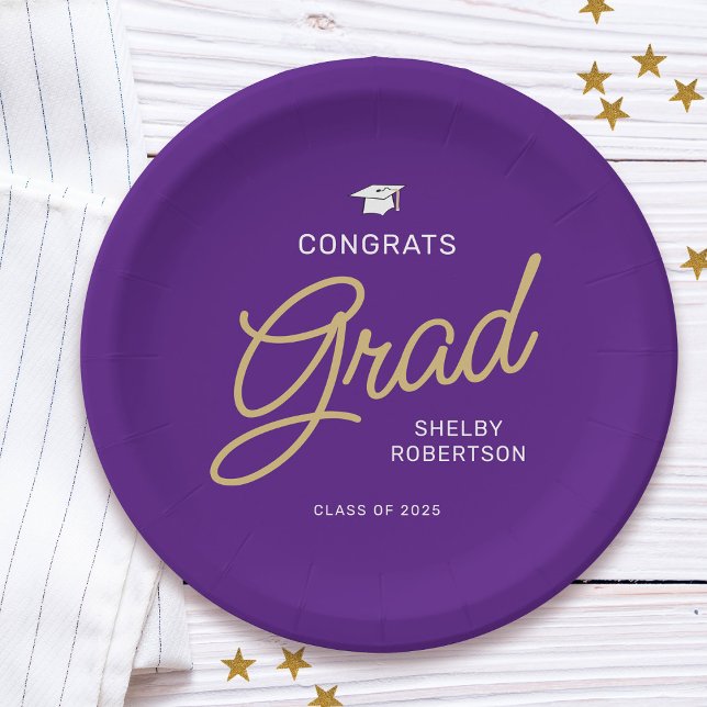 Congrats Grad Modern Script Purple Graduation Paper Plate (Creator Uploaded)