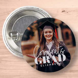 Congrats Grad Modern Simple Script Custom Photo 1 Inch Round Button