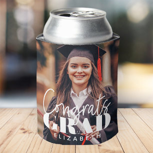 Congrats Grad Modern Simple Script Custom Photo Can Cooler