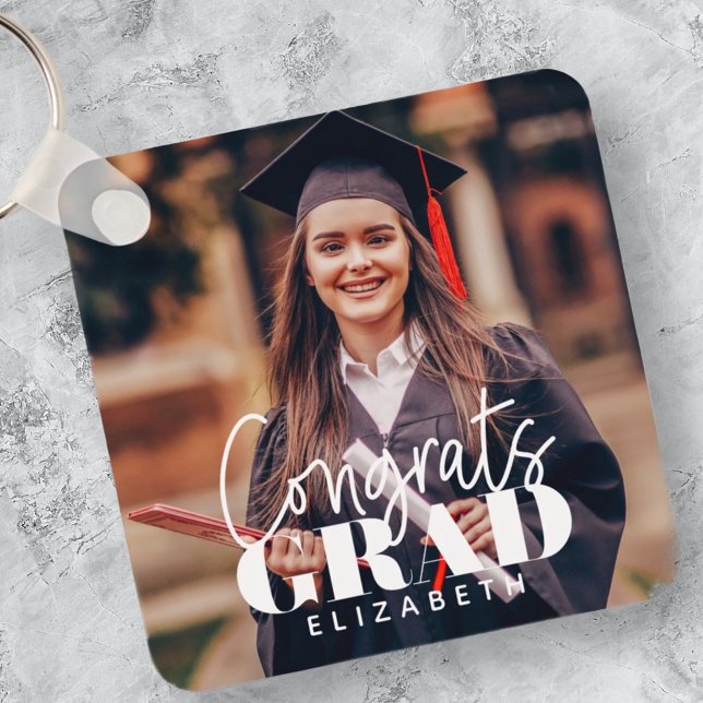 Congrats Grad Modern Simple Script Custom Photo Keychain (Creator Uploaded)