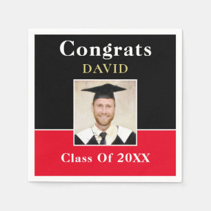 Congrats Grad Name Photo Black Red Gold Informal Napkin