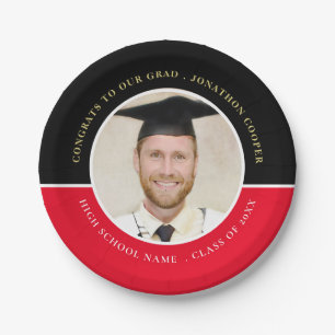 Congrats Grad Name Photo Gold Black Red Graduation Paper Plate