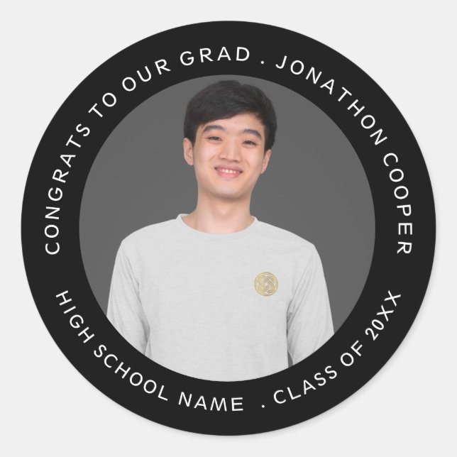 Congrats Grad Name Photo Year Black Graduation Classic Round Sticker (Front)