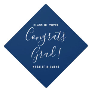 Congrats Grad Navy Blue and White Name Graduation Cap Topper