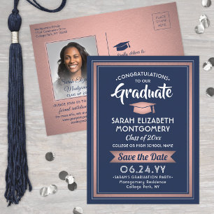 Congrats Grad Navy Blue & Pink Save the Date Photo Announcement Postcard