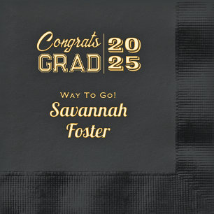 Congrats Grad Personalized Black Gold Graduation Foil Napkins