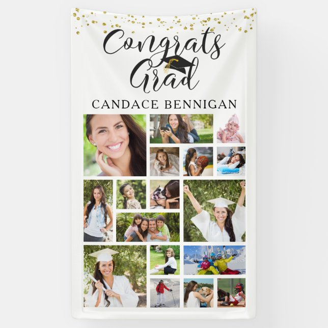 CONGRATS GRAD Photo Collage Script Confetti Banner (Vertical)