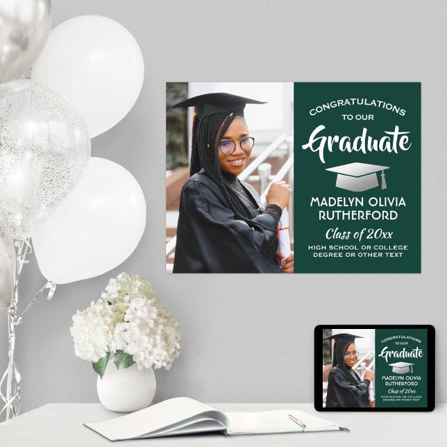Congrats Grad Photo Dark Green & White Graduation Poster (Creator Uploaded)