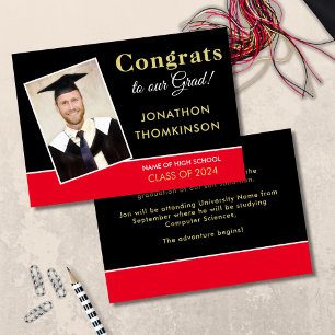 Congrats Grad Photo Gold Black Red 2025 Graduation Announcement
