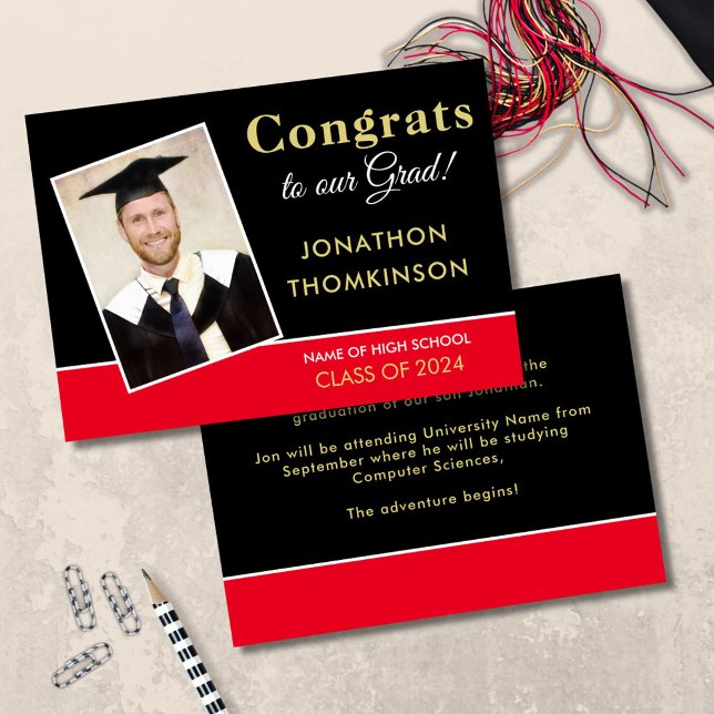 Congrats Grad Photo Gold Black Red 2025 Graduation Announcement (front and back view)